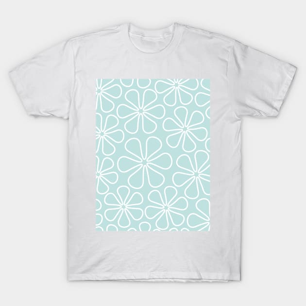 Abstract Flowers White on Duck Egg Blue T-Shirt by NataliePaskell